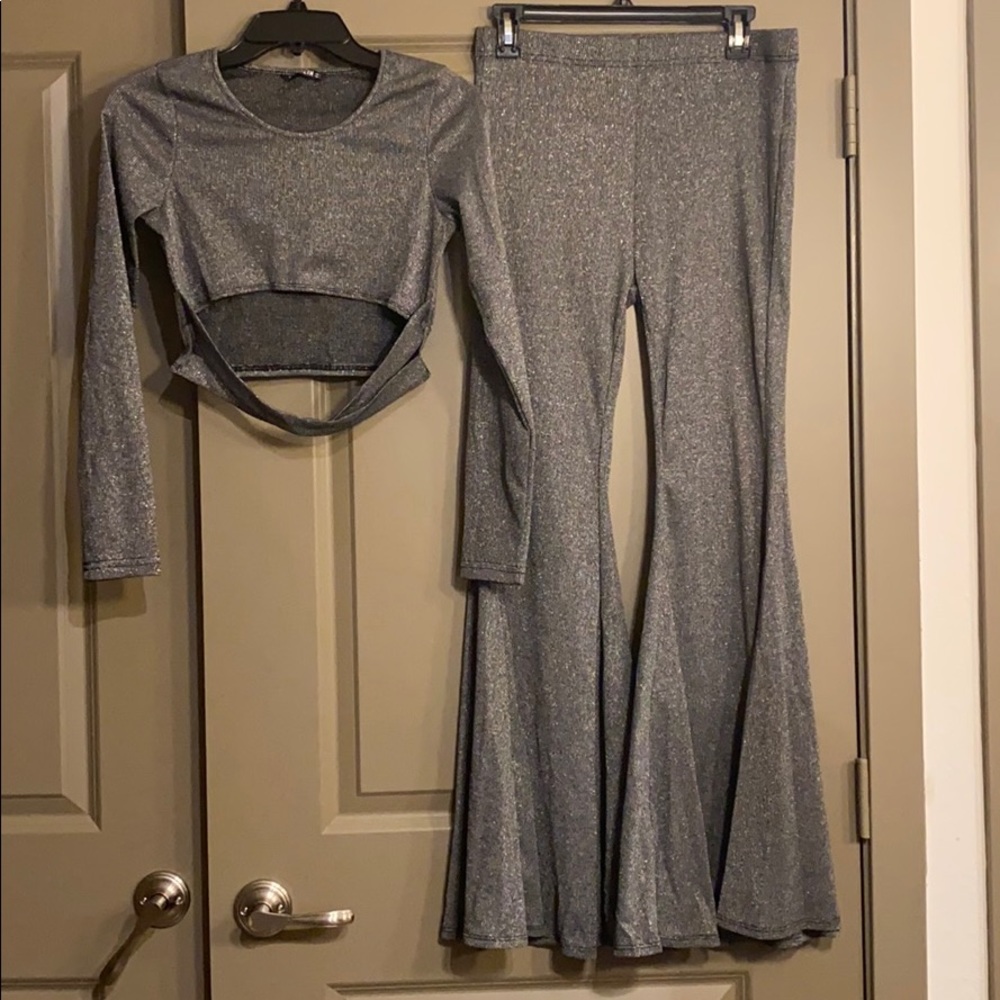 2 piece glitter flare pant and crop top set.